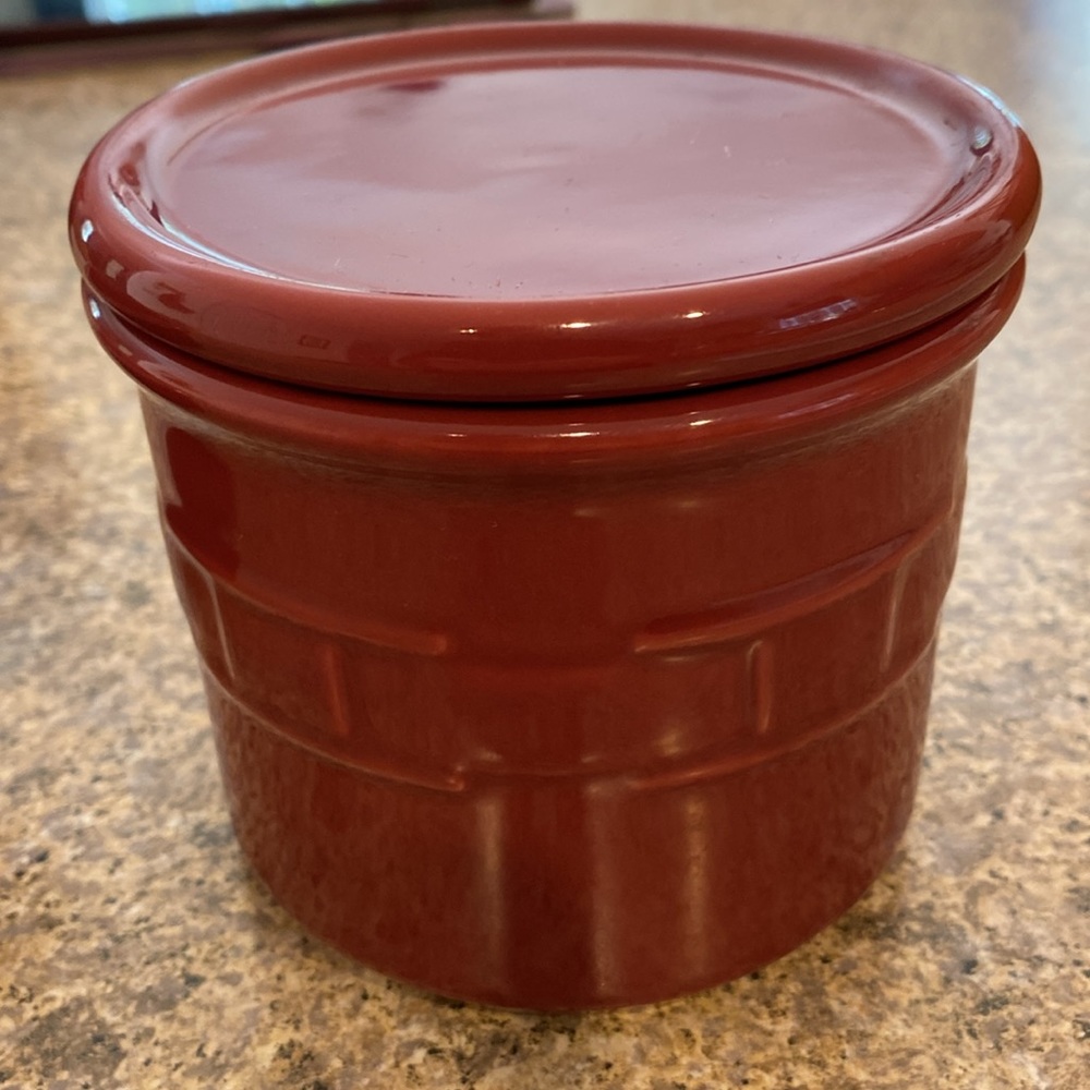 Longaberger Pottery Paprika Red Woven Traditions Small Loaf Pan, Pint Crock, Lid - Picture 14 of 14